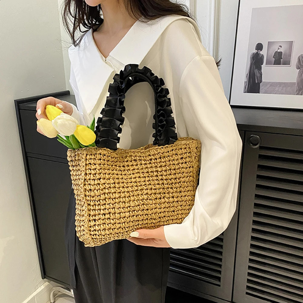 Ruched Handle Straw Bag Bohemian Womens Handbag Wallet and Handbag Paper Rope Beach Bag Shoulder Bag Mini Shopping Bag 241105