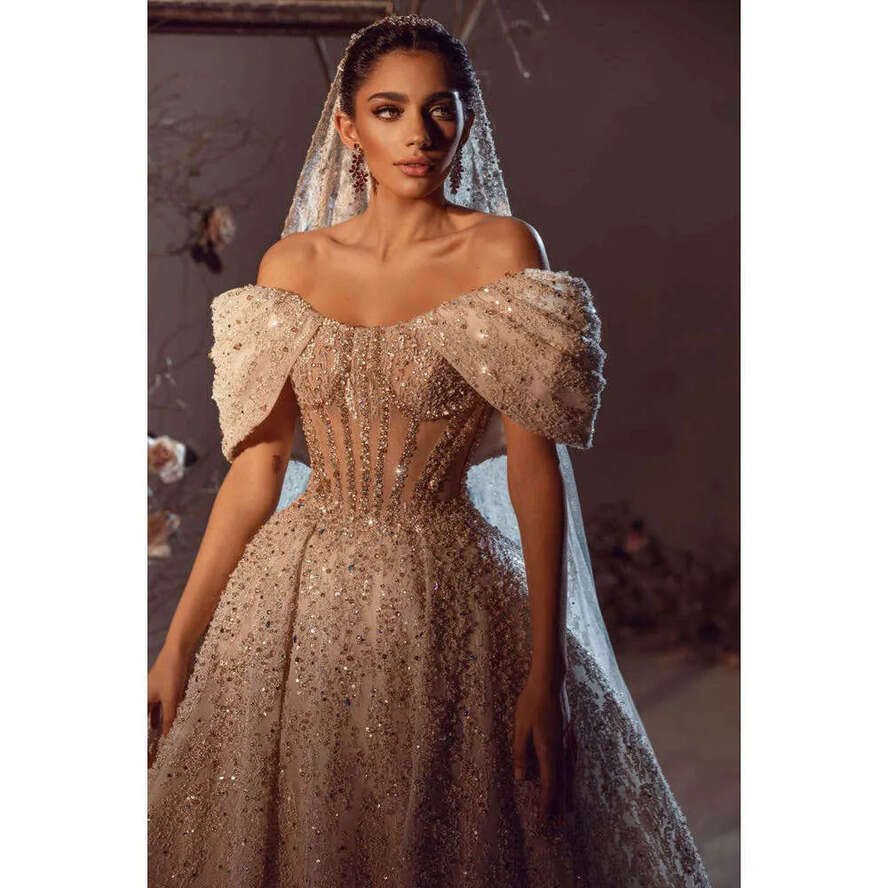 Dress Wedding A E Strapless Off The Shoulder Crystal Sequined Chapel Train Elegant Bride Vestido De Noiva Custom Made