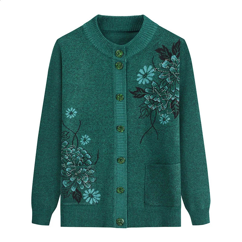 Print MiddleAged Elderly Mothers Autumn Winter LongSleeve Sweater Women Knitted Bottoming Shirt Grandma Cardigan Mujer 241105