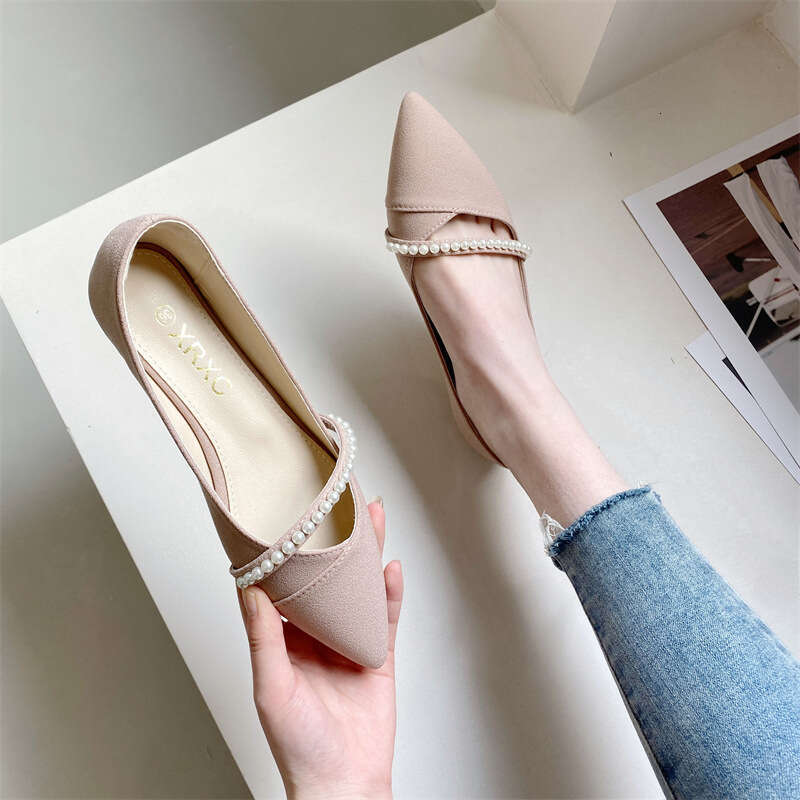2023 Spring New Korean Edition Shallow Mouth Pointed Soft Bottom Fabric Pearl Lady Versatile Comfortable Flat Women's Shoes