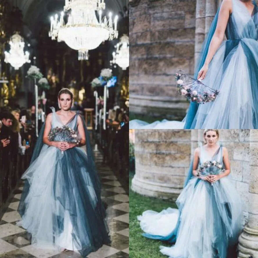 V Boho Dresses Neck Tulle Ruffles Tiered Sweep Train Colorful Country Beach Wedding Bridal Gown Vestido De Novia Estido 6660311