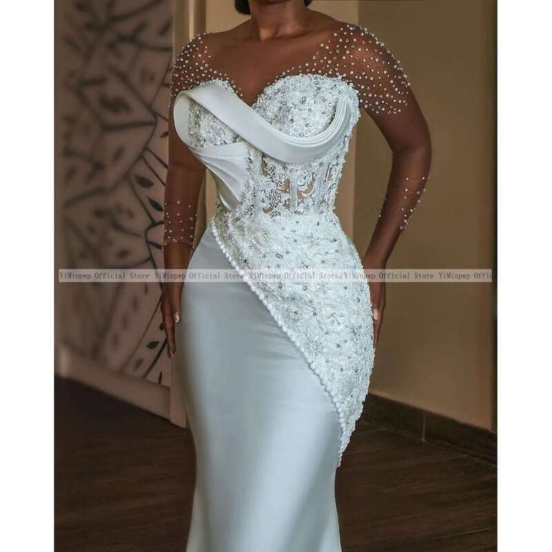 Satin Mermaid African Wedding Dresses For Bride Sheer Neck Long Sleeve Appliques Beading Garden Country Women Civil Bridal Gowns