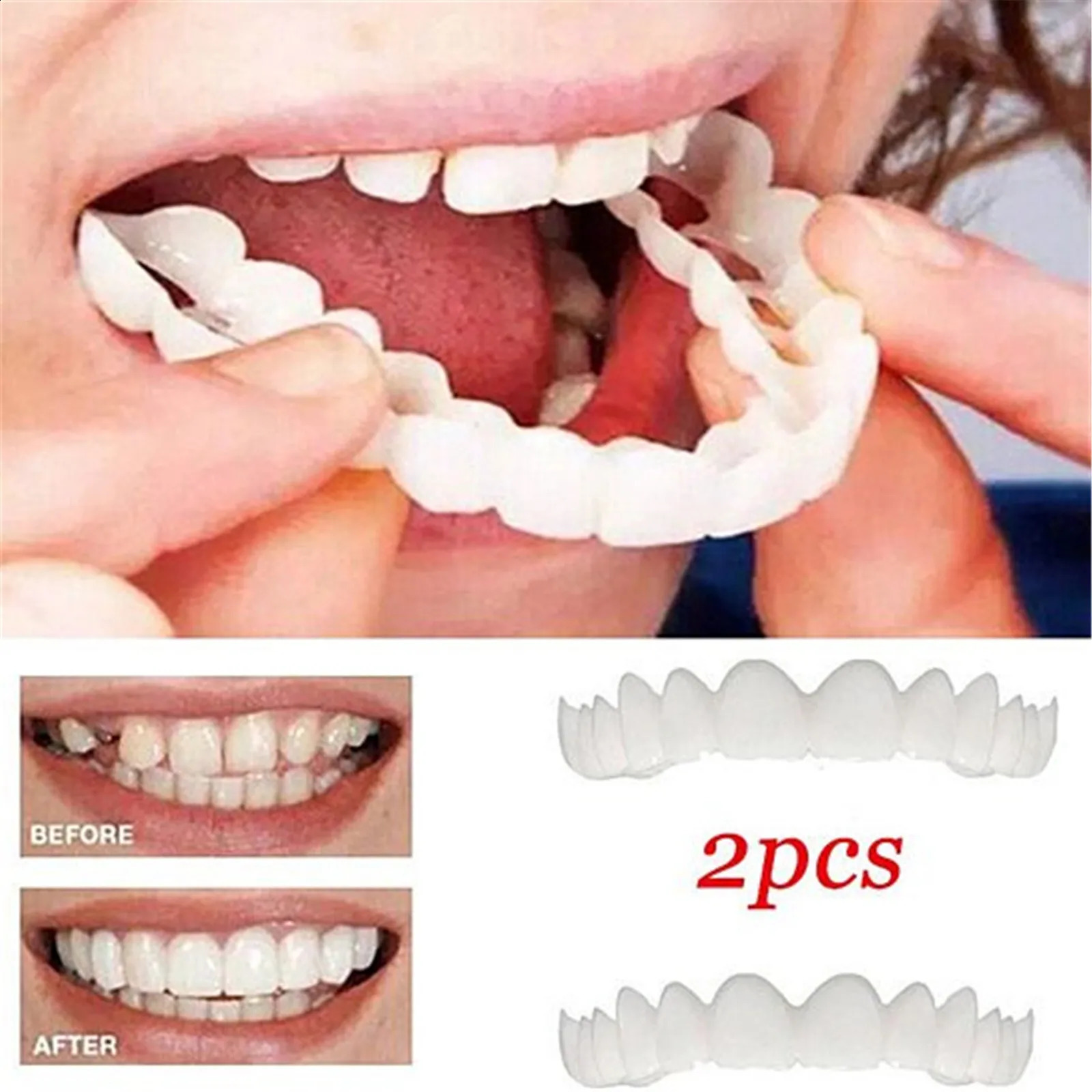 2pc Set Mouth Guard Comfort Fit White Fake Simulation Teeth Cover Top Veneer Denture Easy-To Wear Aesthetic Lightweight Kit 2024 241105