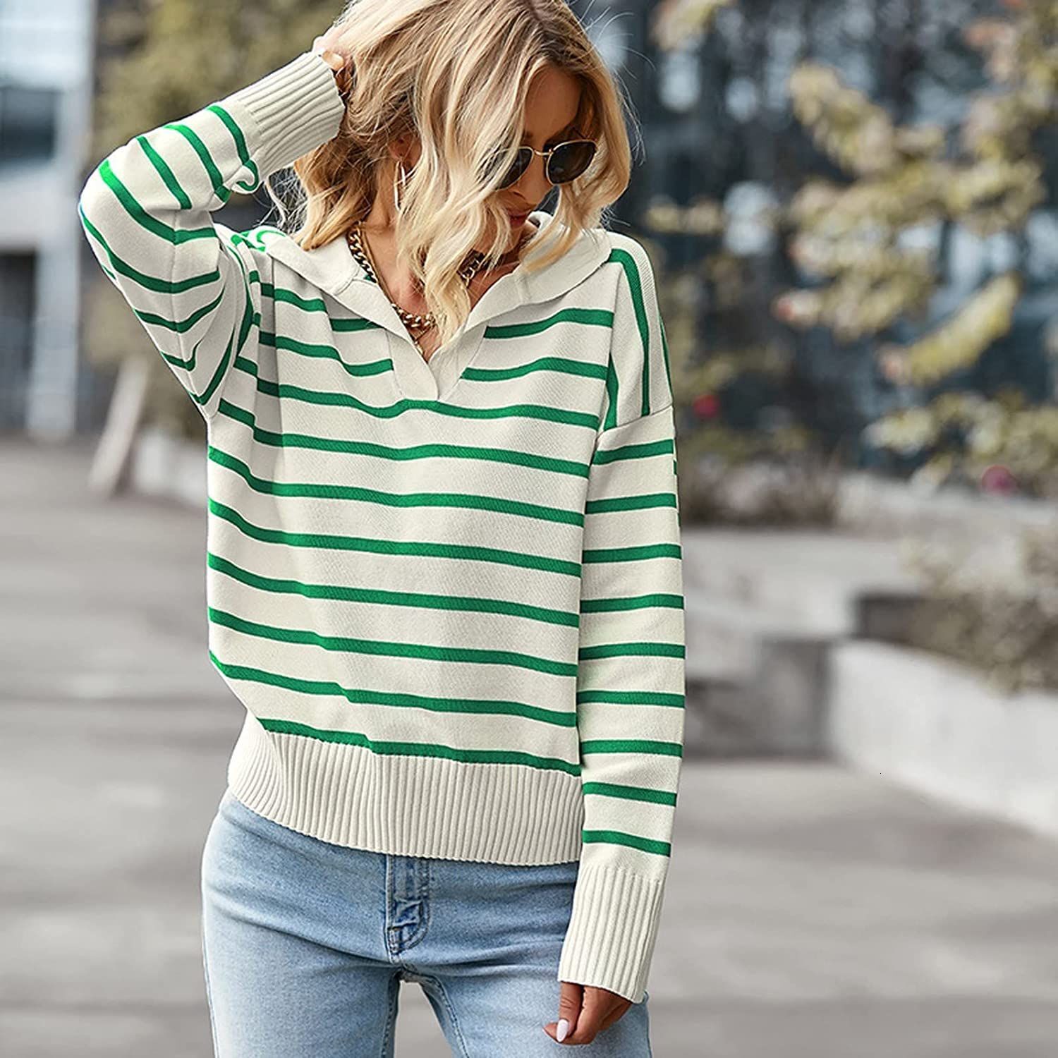 New Style Women's Casual Collar Striped Knitted Sweater Autumn Fashion Casual Loose Thick Harajuku Streetwear Knitwear