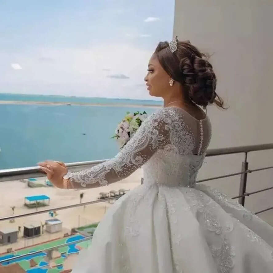 Gorgeous Pearls Beaded Wedding Dresses African Bridal Gown Long Sleeves Lace Appliques Tulle A E Ruched Custom Plus Size Country Beach Boho Vestido De