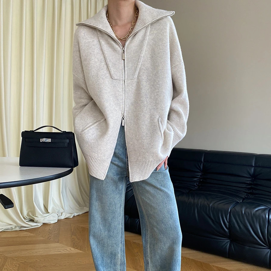 Autumn Winter Women's Knitted Sweater Fashion Personality High Quality Double Zip Cardigan Loose Oversized Lapel Jumper
