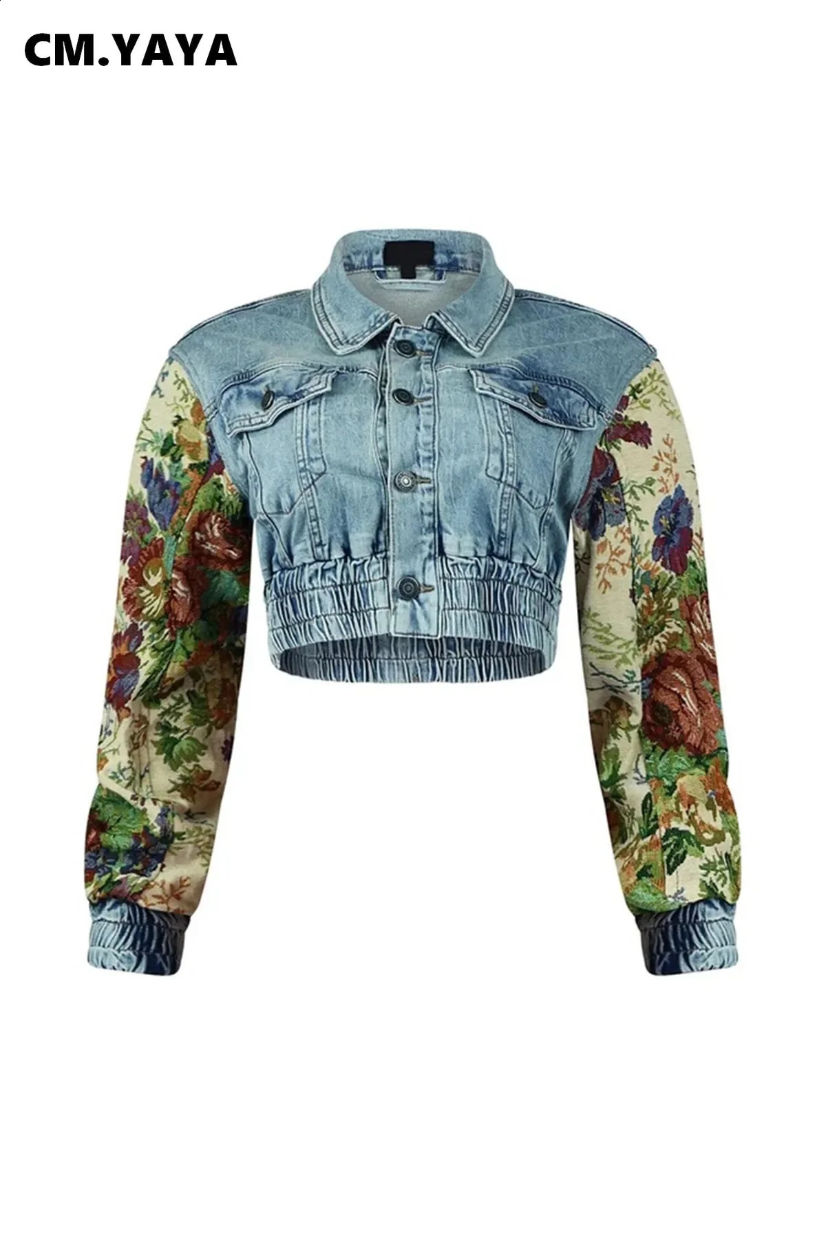 CMYAYA Denim Womens Set Floral Patchwork Full Sleeve Button Fly Jacket and Ripped Jeans Pants Suit Two 2 Piece Outfit 241105