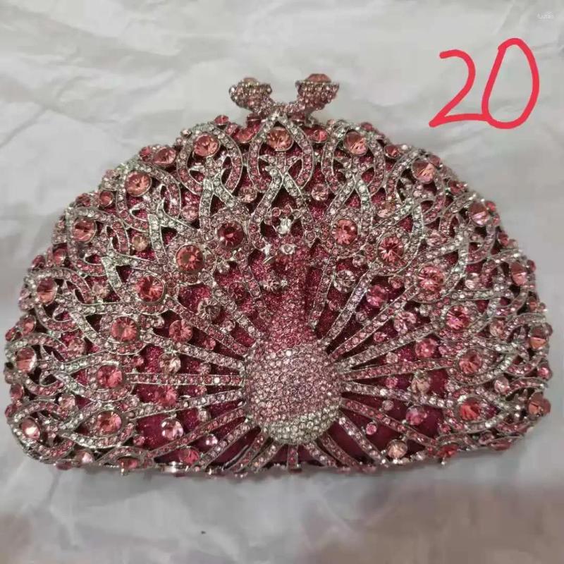 Evening Bags 24 Colors Luxury Peacock Shape Sky Blue Crystal Rhinestone Clutch Women Party Purse Fashion Silver Metal Handbags
