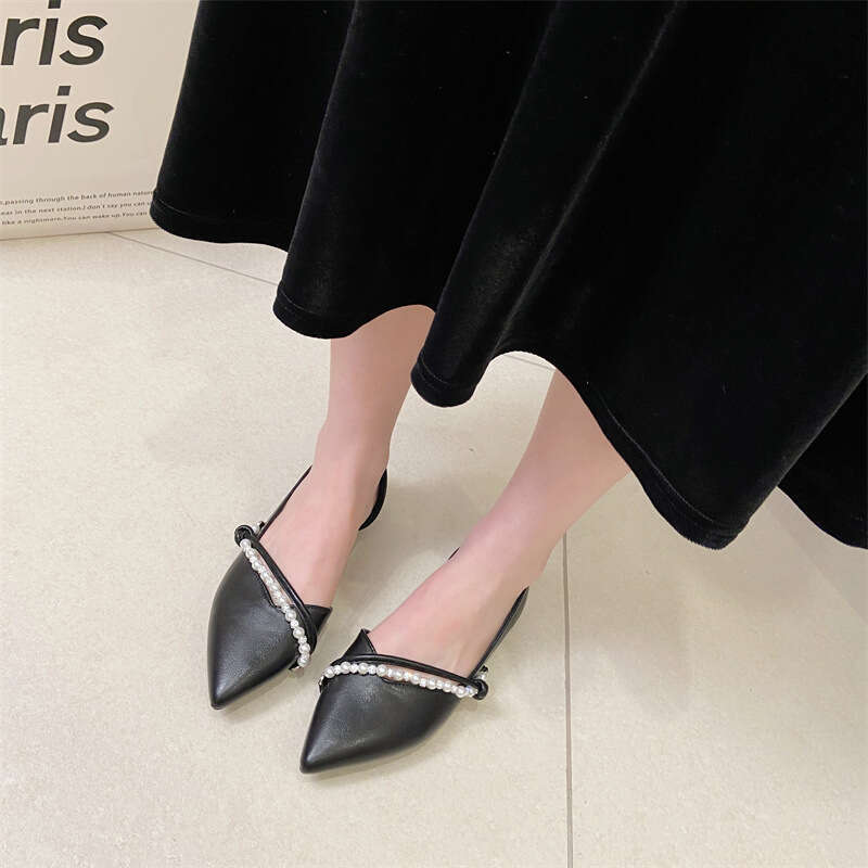 French Pearl Decoration Single Shoe For Women's Spring And Summer New Style, One Foot Shallow Mouth Pointed Soft Leather Side Empty Flat Bottom E