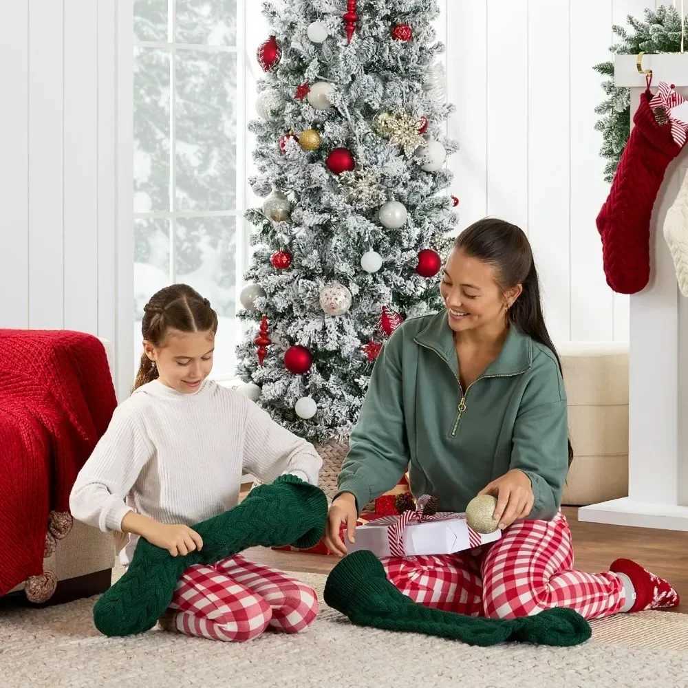 Flocked Pencil Christmas Tree Pre-Lit Slim Artificial Holiday Decoration Lighted Skinny Snowy AppearaXJ241026