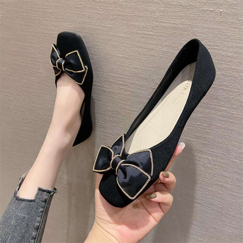 2023 Summer New Korean Butterfly Flat Versatile Cloth Face Square Head Single Soft Soled Evening Shoes For Women