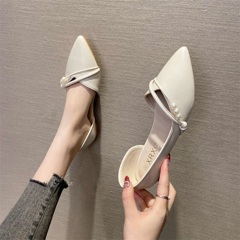Evening Breeze Gentle Shallow Mouth Single Shoe Women's Apricot Color Spring And Summer New Pearl Soft Leather Side Hollow Pointed Flat Bottomed 