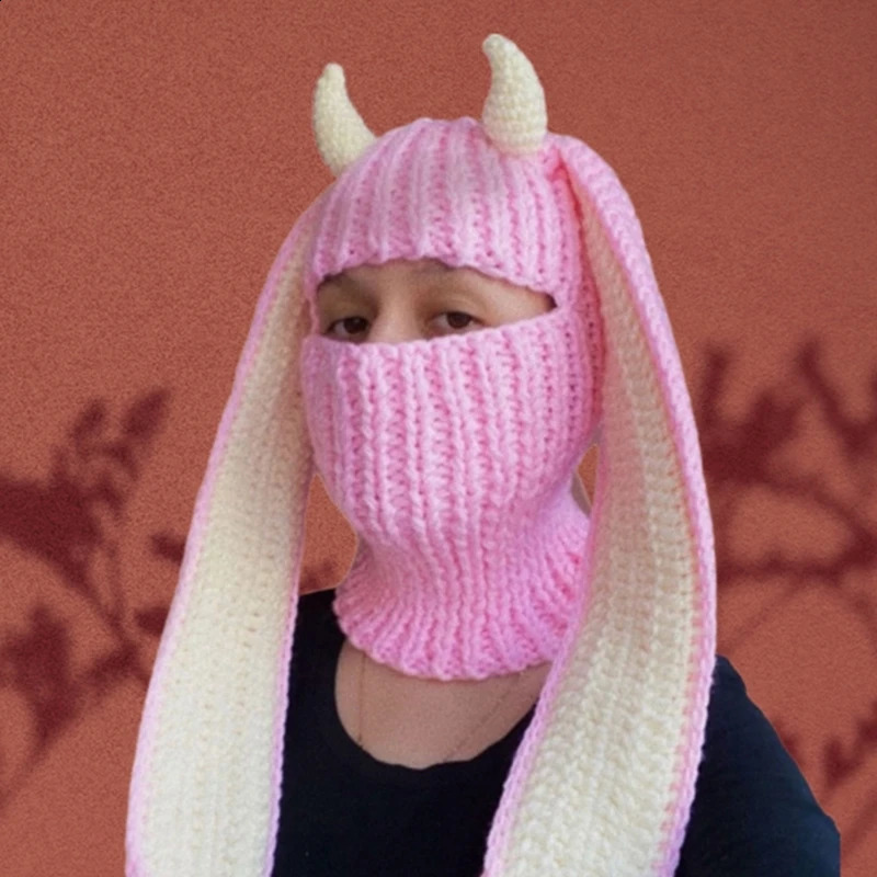 Novelty Rabbit Ears Hat Knitting Balaclava for Women Winter Warm Mask Adult Cosplay Party Costume Camping 241105