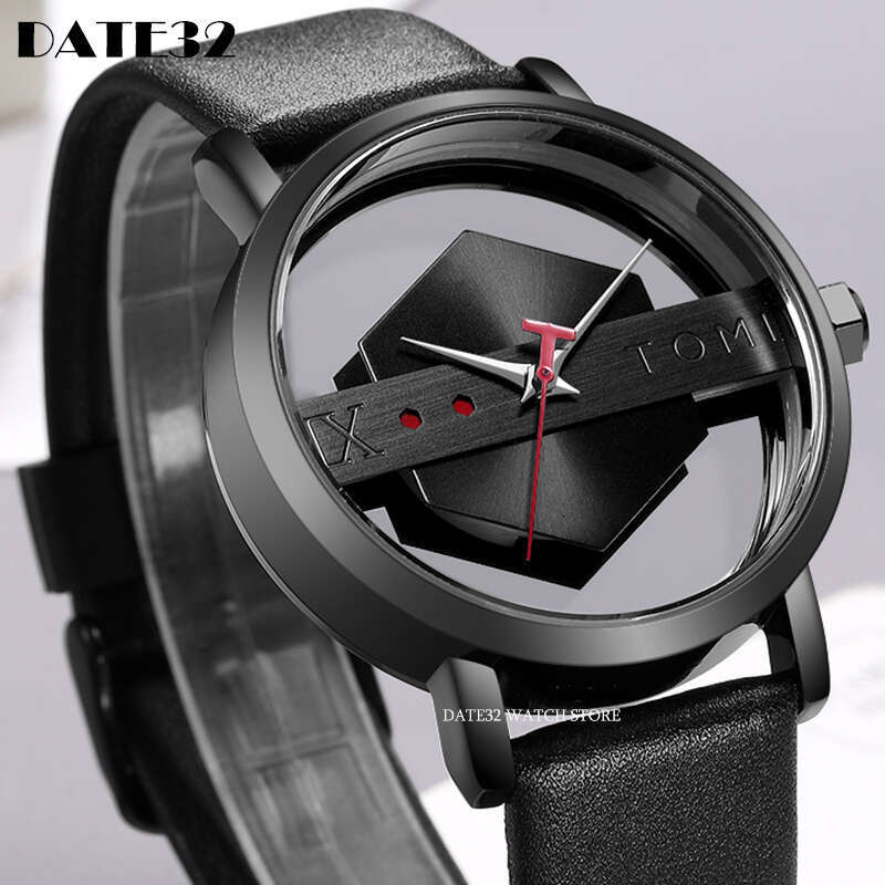 New Jewelry Hot Couple Creative Concept Fashion Half Transparent Unisex Watch For Men Women Lovers Leather Wristwatch Fashion Male Quartz Watches es