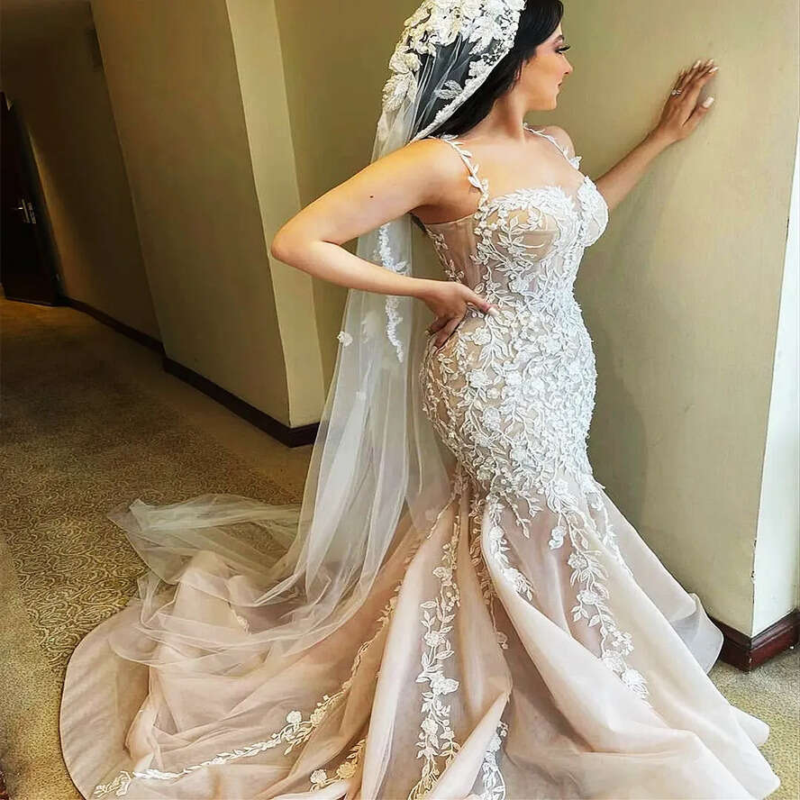 Arabic Aso Ebi Plus Size Ral Lace Illusion Wedding Dress Spaghetti Tulle Sweep Train Bridal Gowns Dresses ZJ