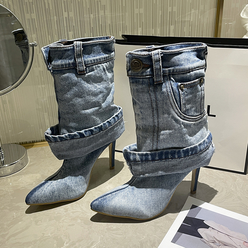 Blue Denim Slim Cuffed Short Rivet New Pocket Design Pointed Toe Metal Buckle High Heel Fashion Women Boots