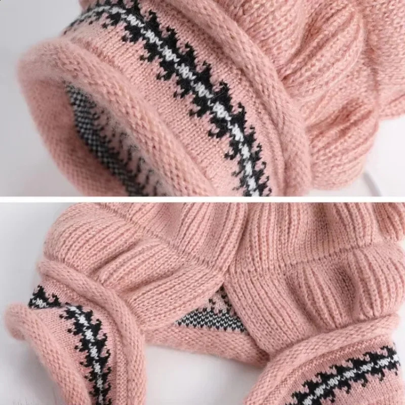 Womens Fashion Winter Beanie Hats with Earflaps Gloves Set Black Red Pink Blue Casual Beret Knitted Neck Ear Warmer L009 241105