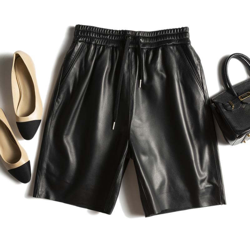 Stylish Leather Pants Women Haruku Soft Skin Bermuda Shorts Elastic Waist Straight Wide Leg Trousers Mujer Baggy Pantalons