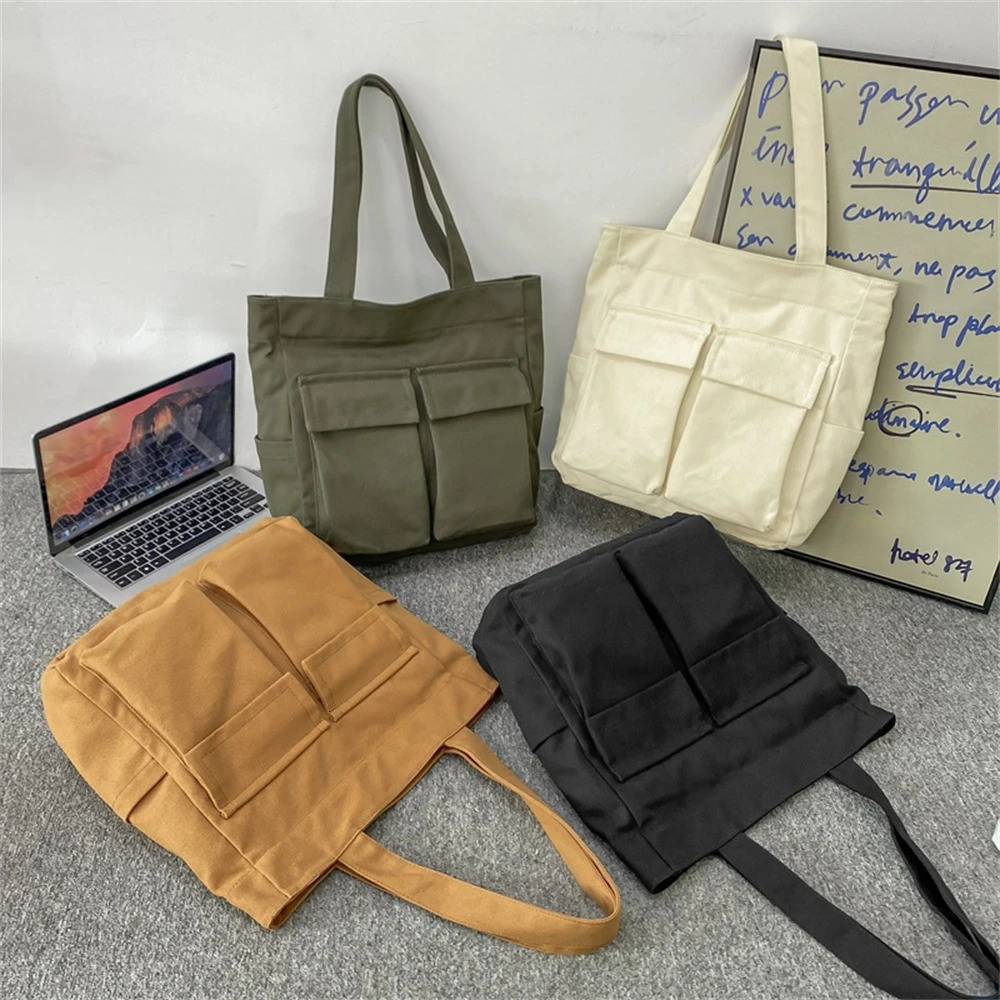 Women Tote Bag Vintage Casual Canvas Square Shoulder Bags Unisex Handbags Crossbody Bag Solid Man Large Capacity Shopping Bag 241105