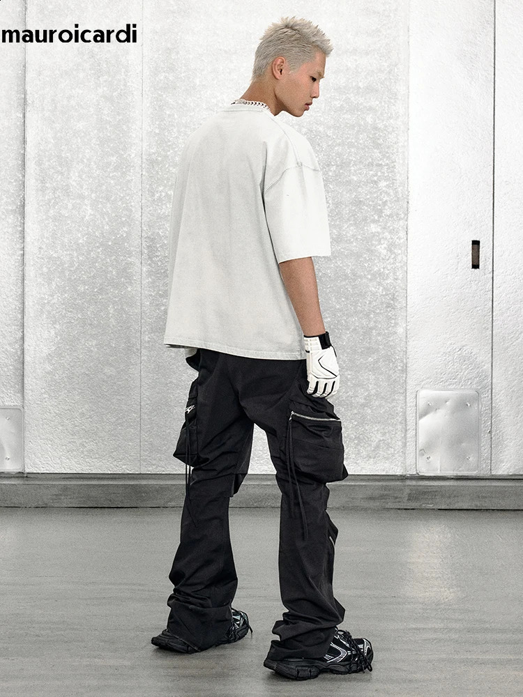 Mauroicardi Spring Autumn Cool Black Cargo Pants Men with Big Pockets Long Zipper y ner Clothing Trousers Fashion 241105