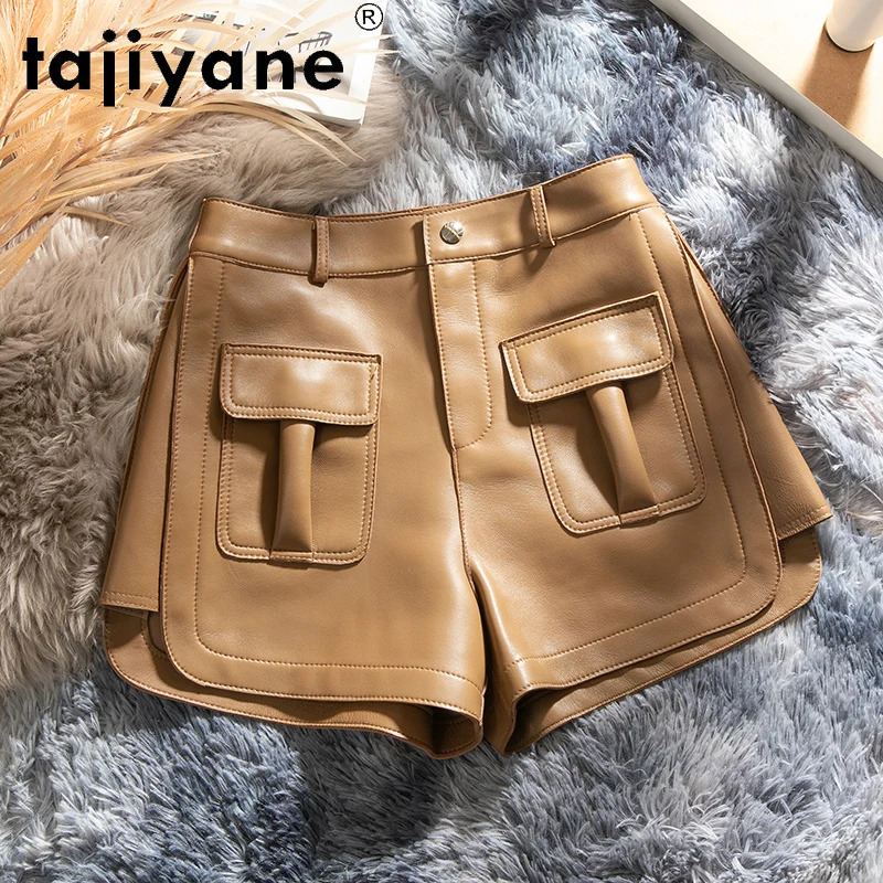 Tiyane Summer Women's Real Sheepskin Wide Leg Trousers Oversize Genuine Leather Shorts Female Mujer Pantalones 2361