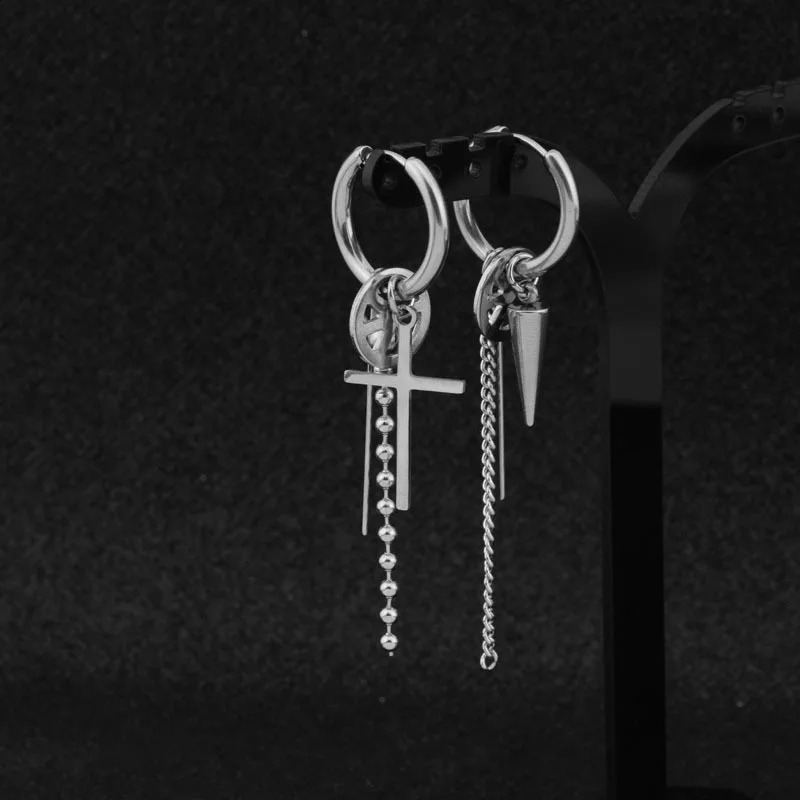 Korean fashion cross tapered square gothic cool pendant mens earrings 241105