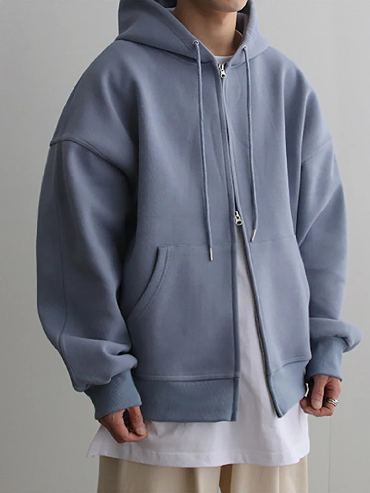 Mens Loose Long Sleeve Double Zipper Pocket Cardigan Hoodies Autumn Japanese Harajuku Solid Simple Versatile Hooded Jacket 241105