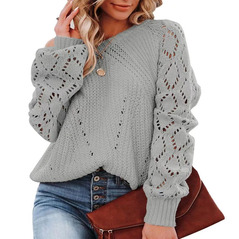 Hollow Pattern Round Neck Sweater Solid Color Loose Top Women's Autumn And Winter New Item