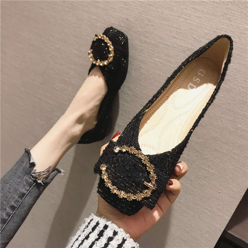 2023 Spring And Summer New Korean Versatile Square Head Water Diamond Button Red Wedding Women's Toast Dress Flat Follow Shoes