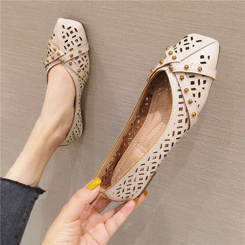Korean Version Gentle And Versatile Square Toe Shallow Cut Hollow Breathable Sole Flat Heel For Women, Bean Shoes, Summer Soft Soled Ladybird Shoes