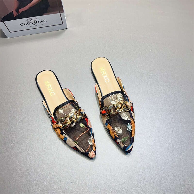 Baotou Half Slippers Women's Ins Korean Edition Season New Fashionable Versatile Flat Bottom Lazy Embroidered Muller Shoes
