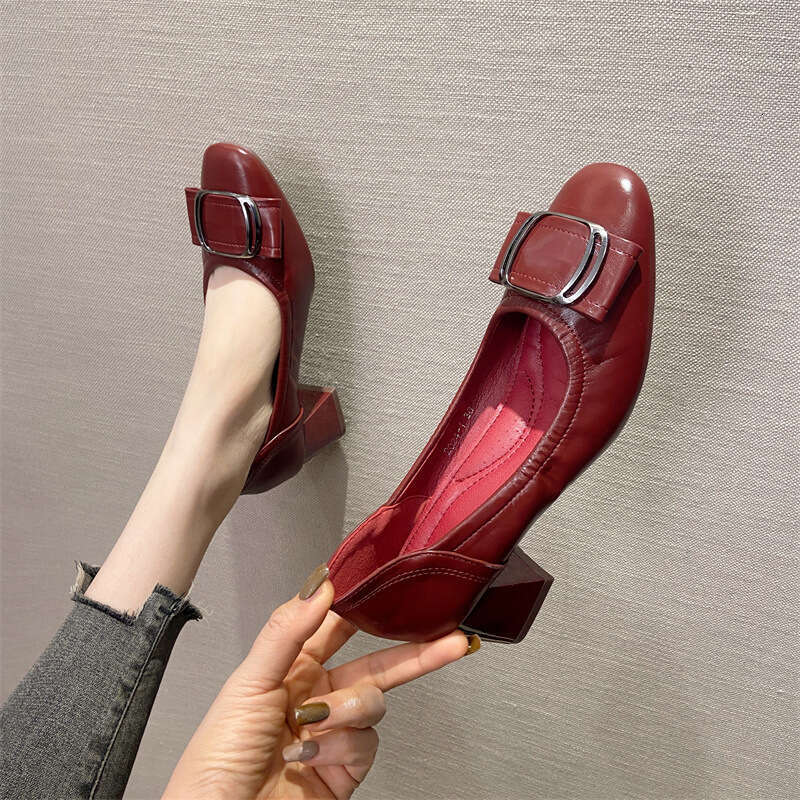 Rough Order Shoes For Women, Korean Version, Spring And Autumn New Item, Versatile Soft Leather Grandma Fashionable Square Toe High Heels, Work Shoes,