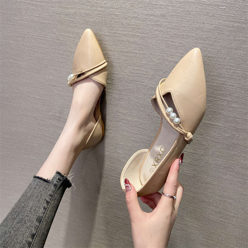 Evening Breeze Gentle Shallow Mouth Single Shoe Women's Apricot Color Spring And Summer New Pearl Soft Leather Side Hollow Pointed Flat Bottomed 