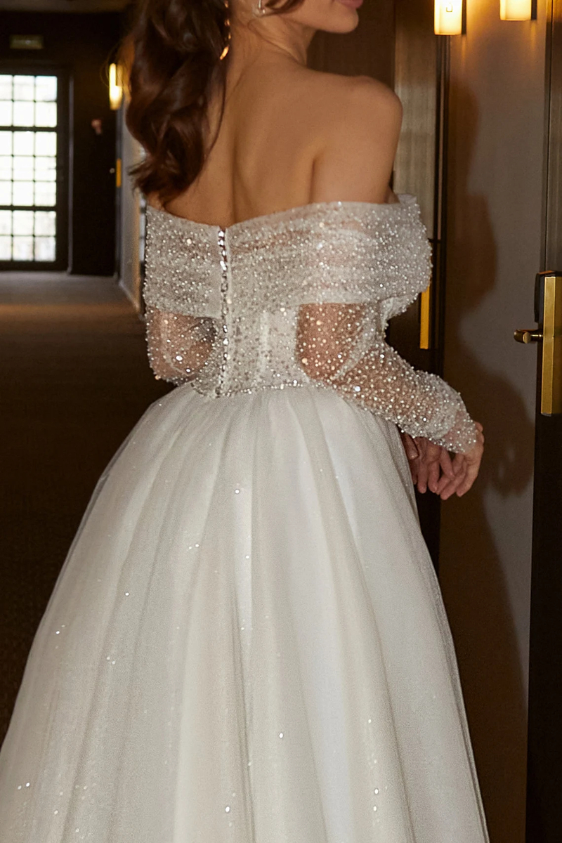 Side Split A Line Wedding Dresses Off Shoulder Long Sleeves Beaded Sequins Pearls Long White Bridal Gown 2025 Boho Beach Bride Dress