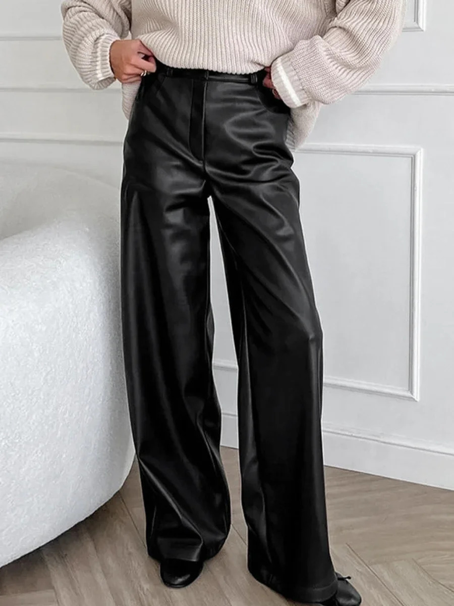 Wolfeel Autumn New Black Retro Matte PU Leather Women's Stylish High Waisted Trousers Office Lady Versatile Long Pants