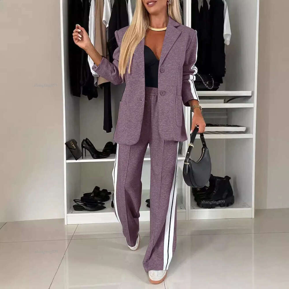 Freeacy Womens Fashion Two-piece Suit Blazer Coat High Waist Suit Pants Trousers Urban Female Casual Side-striped Suits 240809