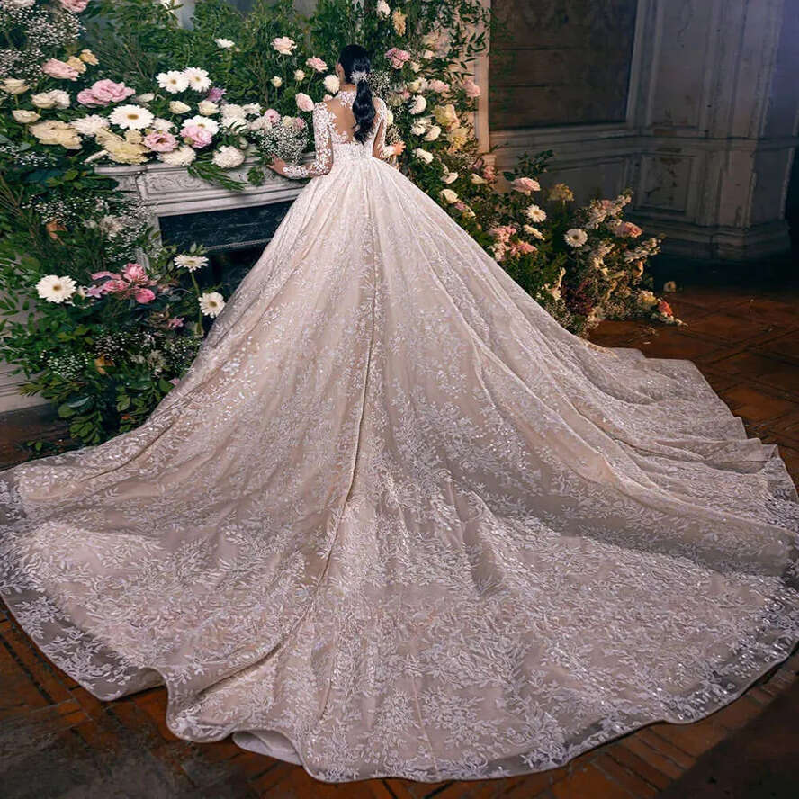 High Elegant Tulle Neck Wedding Dress Lace Applique Beaded Long Sleeve Bridal Gown Custom Made Princess Bride Dresses es