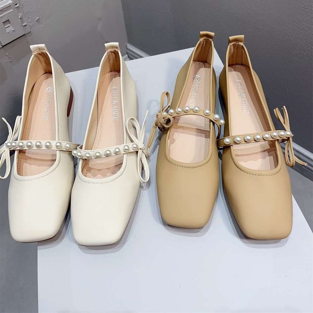 French Style Thick And Medium Bean Korean Version, New Fashionable Pearl Square Toe Shallow Mouth Single For Women, Low Heeled Grandma Shoes
