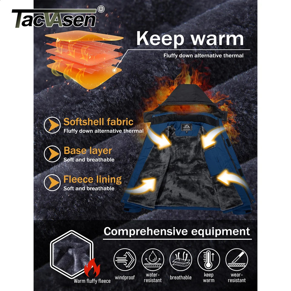 TACVASEN Winter Fleece Lined Jacket Mens Lining Coats Thermal Warm Hiking Walking Outdoor Windbreaker Male 241105