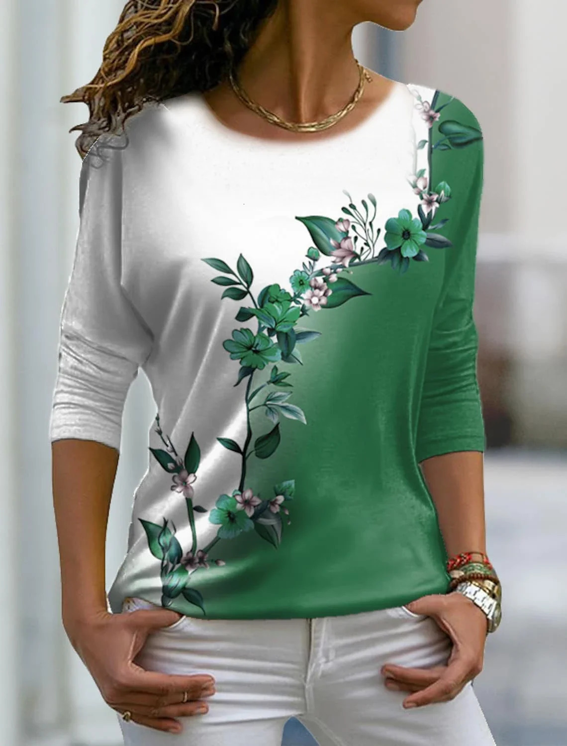 Autumn versatile long sleeved womens Tshirt with floral pattern printed regular retro casual ONeck Bohemian multicolor top 241029