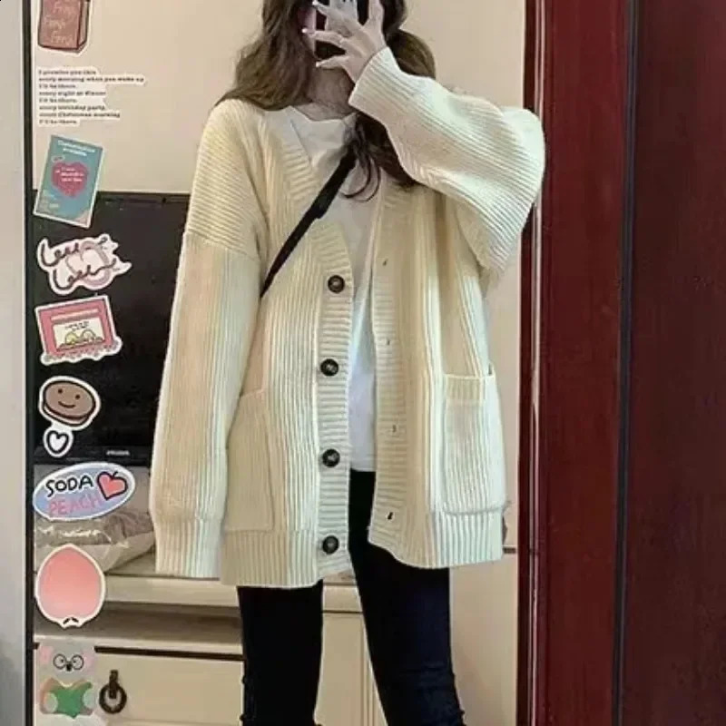 Autumn Winter Thick Warm Cardigan Korean Lazy Wind Soft Sweater Coats Woman Solid Color Oversized Cardigans Female 241105