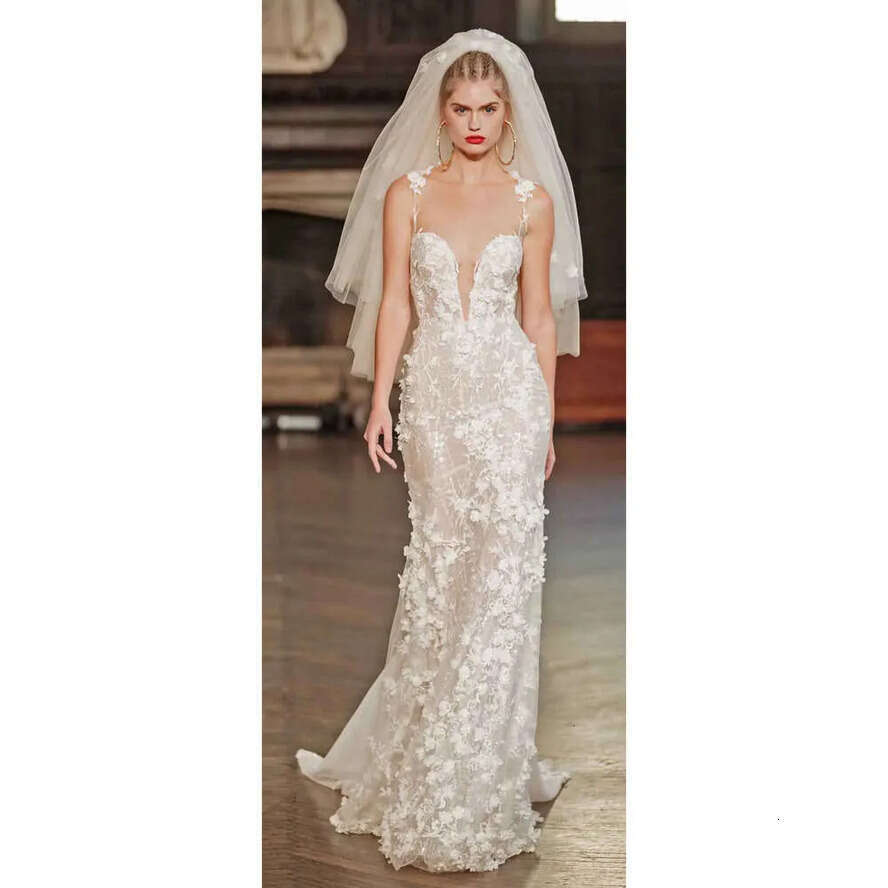 V Deep Spaghetti Dresses Berta Neck Sexy Full D Ral Applique Sweep Train Bridal Gowns Custom Made Wedding Dress