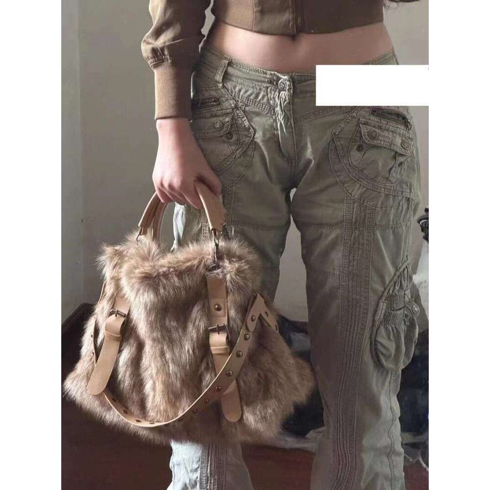 Designer Bag JIAERDI Plush Large Capacity Tote Bag Women Vintage Autumn Winter Fur Soft Khaki Handbag Female Retro Casual Messenger Bag Y2k handbag
