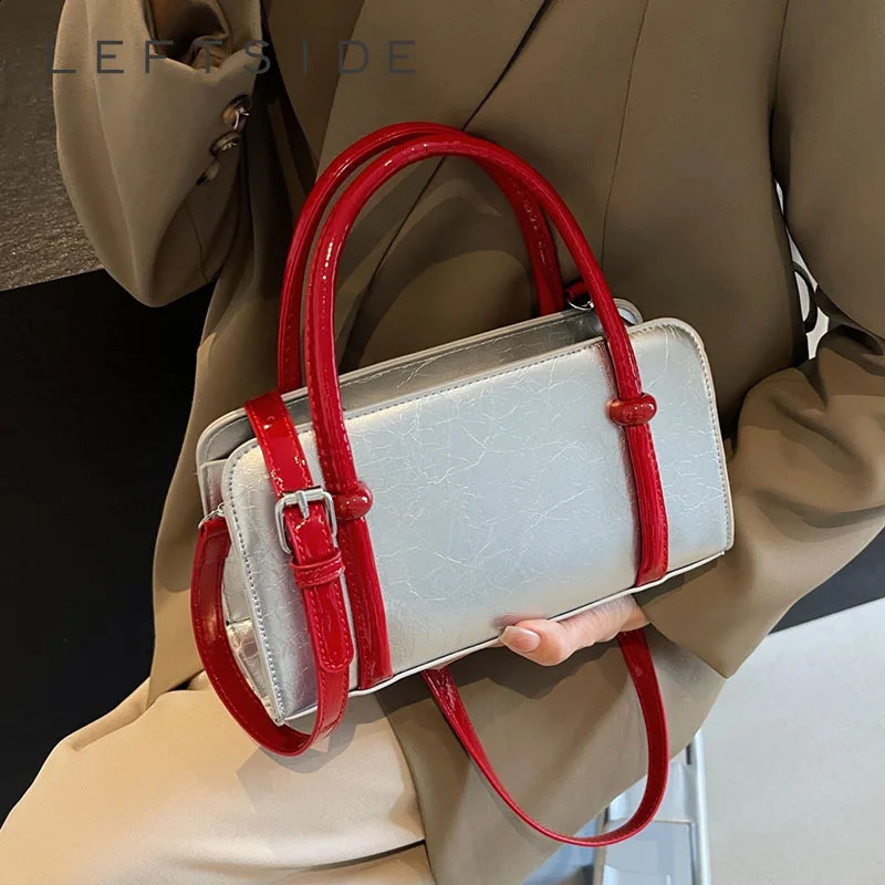 LEFTSIDE Mini Retro PU Leather Womens Underwear Bag Y2K Trend Korean Fashion Shoulder Bag Womens Silver Handbag 241105