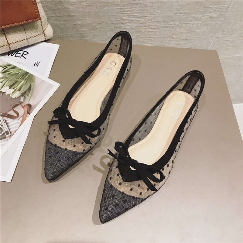 Korean Version New Single Shoe Women 2023 Versatile Fashion Breathable Pointed Shallow Mouth Mesh Fabric Flat Bottom Women's Scoop Shoes