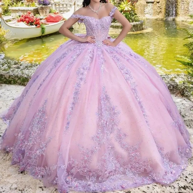 Pink Shiny Ball Gown Quinceanera Dresses Off The Shoulder Sequin Appliques Lace Bow Beaded Crystal Tull Sweet 16 Dress Vestido De 15 Anos