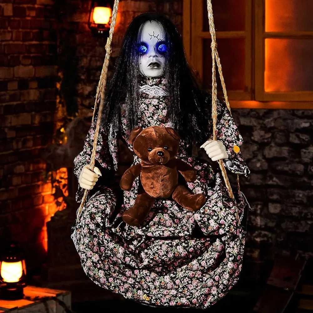 Animatronics 4.5 Ft Hanging Swinging Doll Halloween Decorations with Sound Sensor Activated Creepy Sound Light Up EyesXJ241026