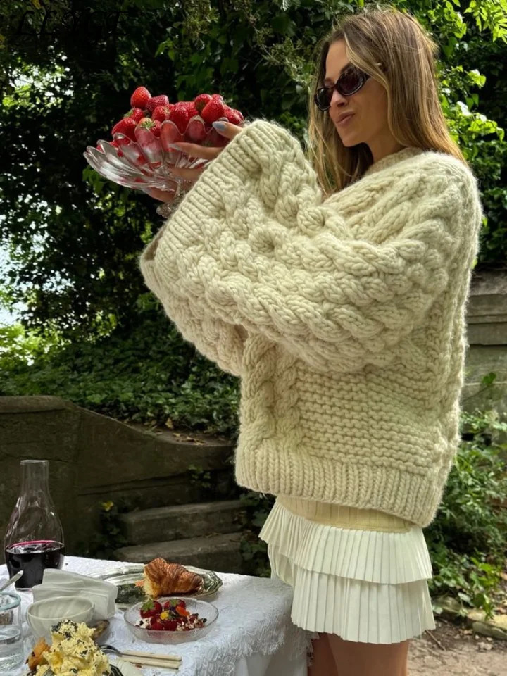 Loose Knitted Womens Coarse Needle Sweater Casual Solid O-neck Long Sleeve Pullover 2024 Autumn Lady Chic High Street Sweaters 241105