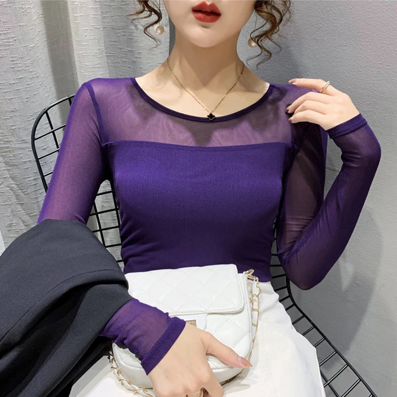 Autumn Winter Round Neck T shirt Women Sexy Mesh Bottoming Shirt Long Sleeve Solid Color Slim Fit Casual Tops 241029