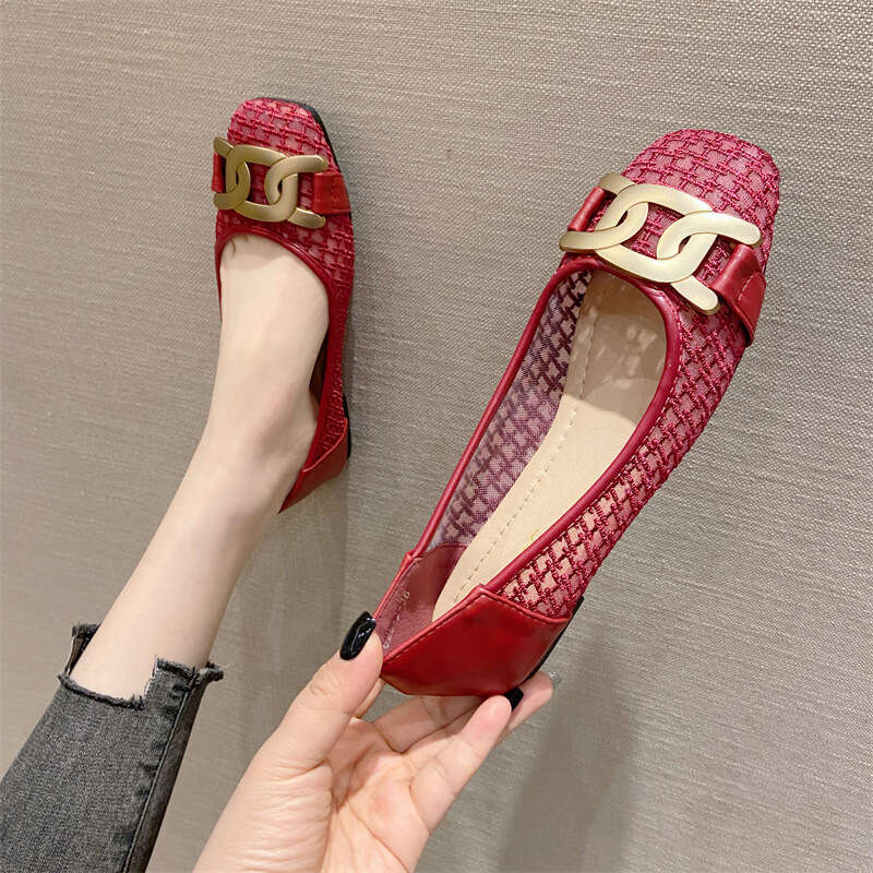 2023 Spring/Summer New Breathable Mesh Square Head Shallow Mouth Flat Single Soft Bottom Versatile Fashion Scoop Shoes For Women